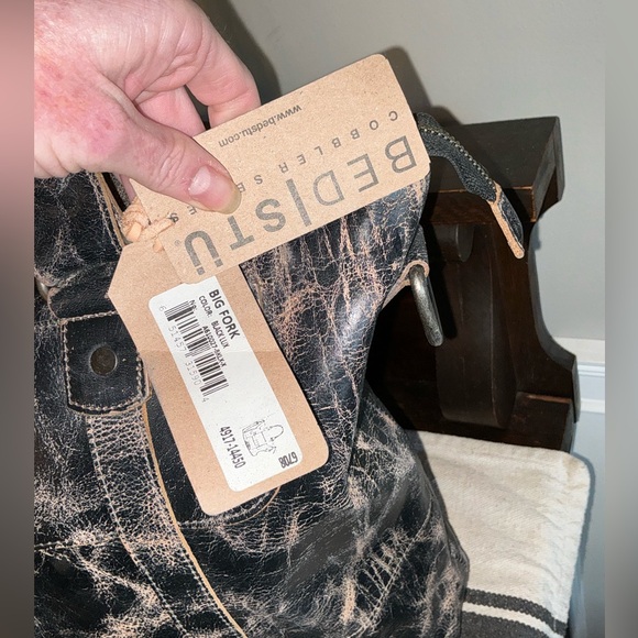 NWT Bed Stu Leather Big Fork Crossbody Tote Shoulder Bag Black Rustic MSRP $365 - Picture 4 of 13